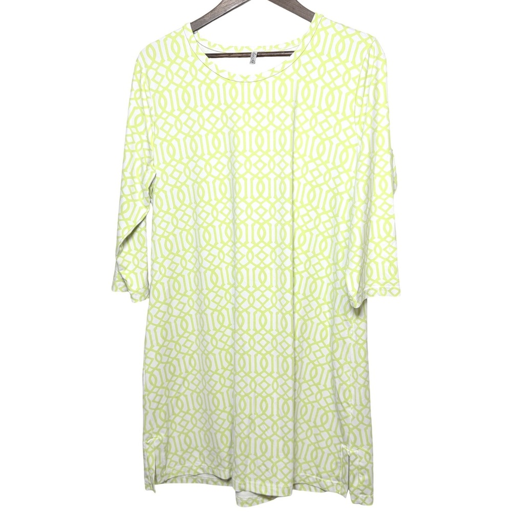 Lulu-B Lime Green Geometric Trellis Print 3/4 Sleeve Pocket Shift Dress XL - Picture 3 of 10